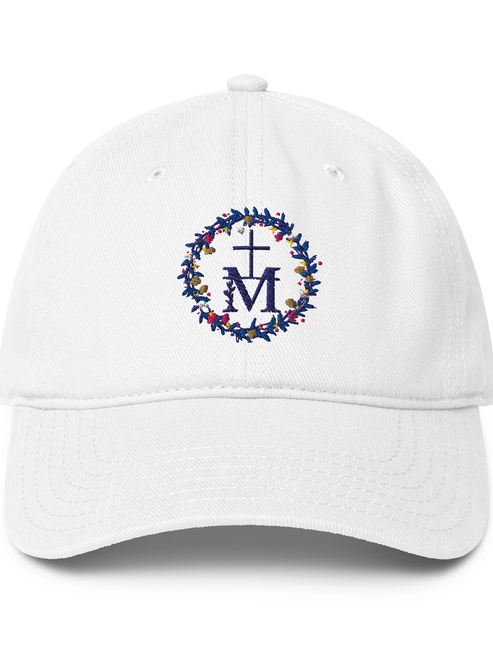 White Embroidered Marian Cross Baseball Cap